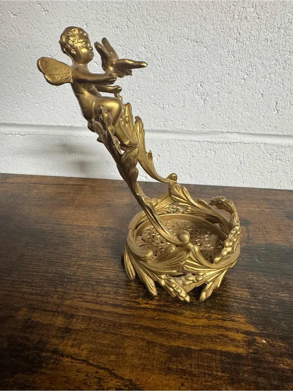 Antique art nouveau ormolu bronze Cupid with bird Cupid stand